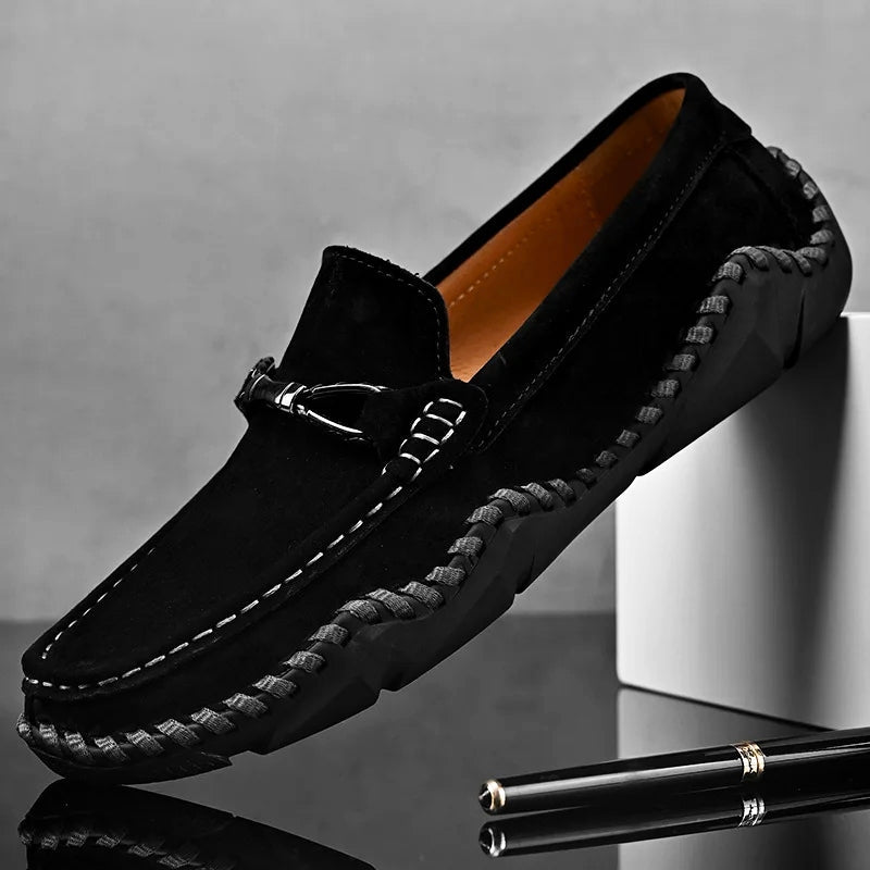 Braye premium suede loafers in neutral tone, roomy moc toe silhouette with hand-stitched sole