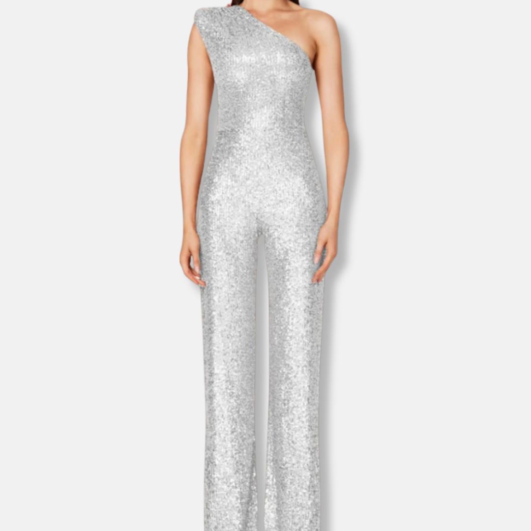 Women's silver sequined one-shoulder wide-leg jumpsuit sleeveless glamorous eveningwear