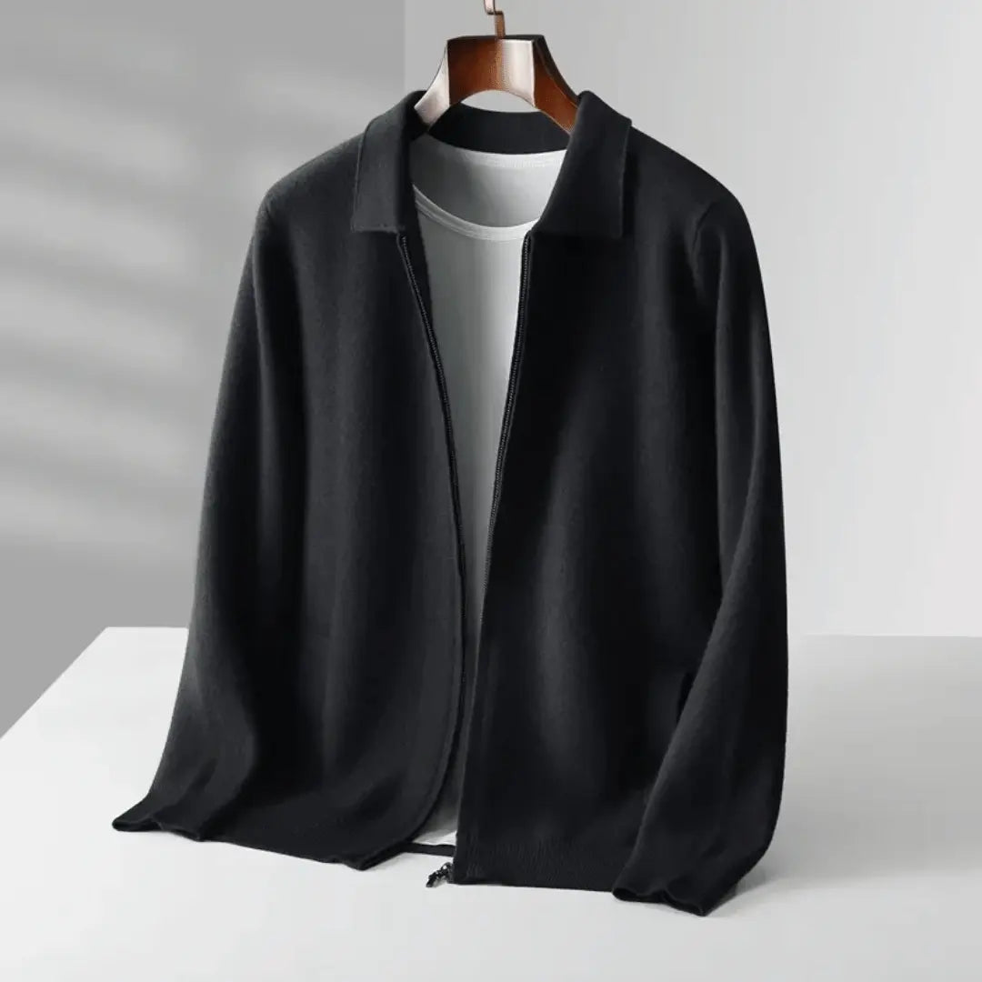 Men's heather gray wool blend zip-up cardigan relaxed fit with ribbed cuffs and hem