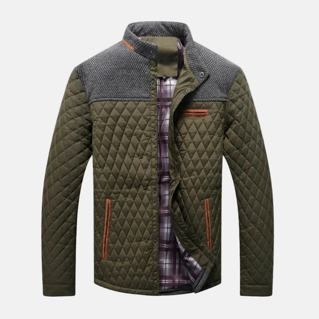 Men's diamond quilted jacket standing band collar contrast trim tailored silhouette fall outerwear