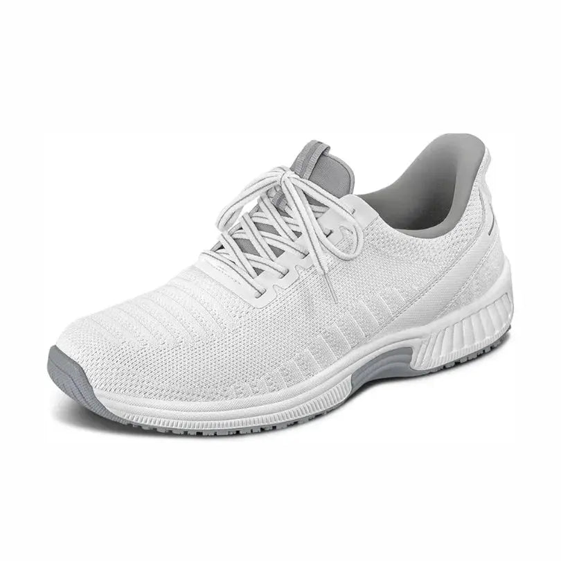 Women's white orthopedic slip-on knit sneakers with hands-free entry and cushioned sole