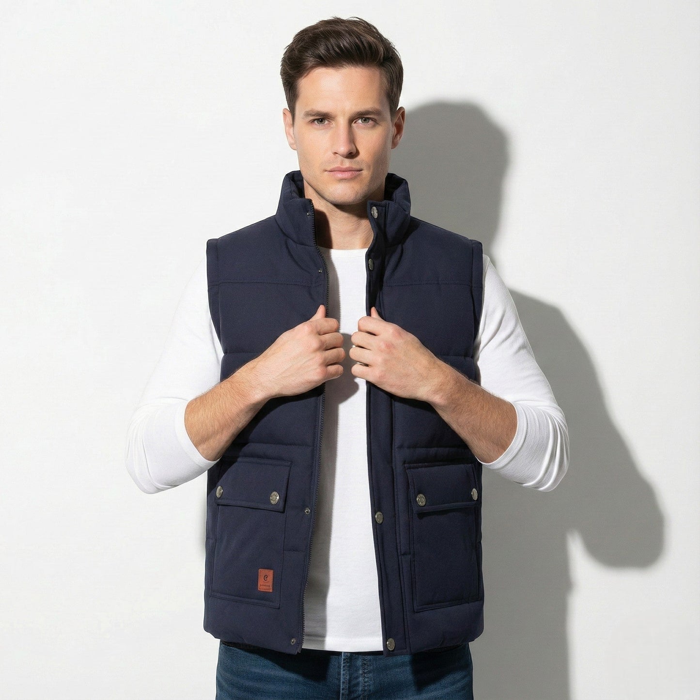 Men's regular fit padded sleeveless vest for layering, lightweight insulation, clean silhouette