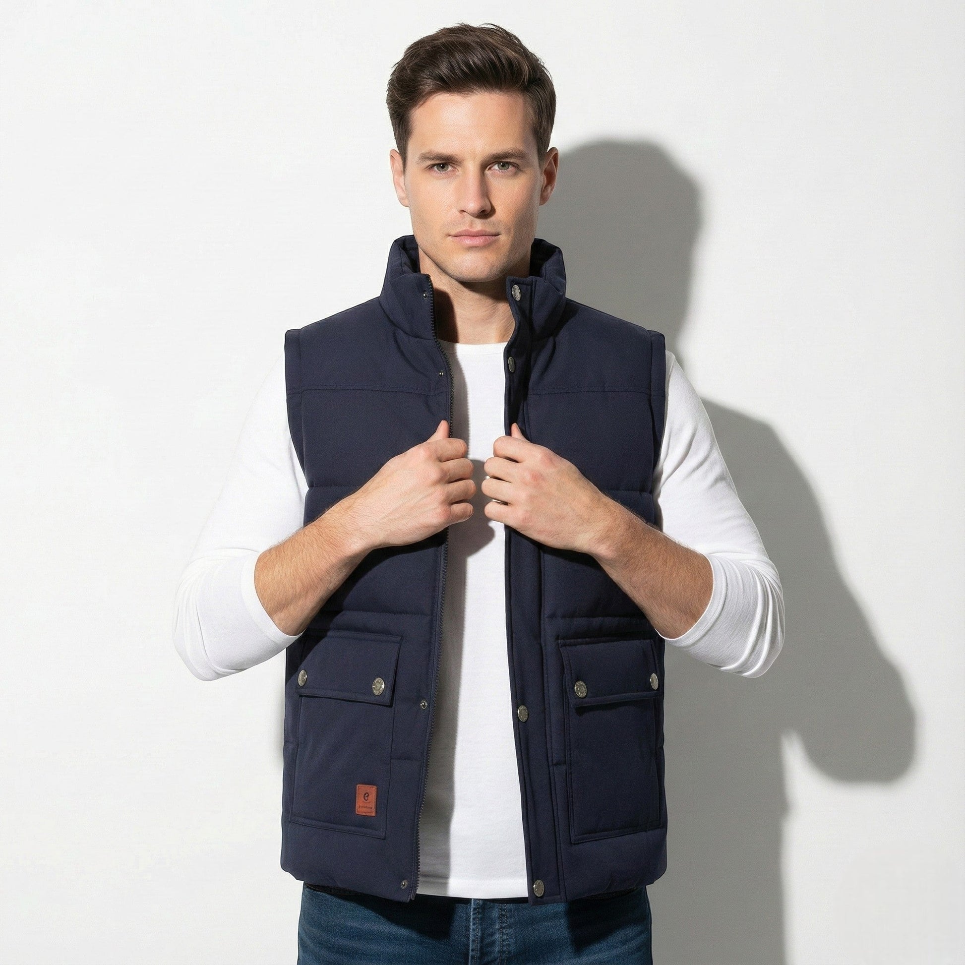 Men's regular fit padded sleeveless vest for layering, lightweight insulation, clean silhouette