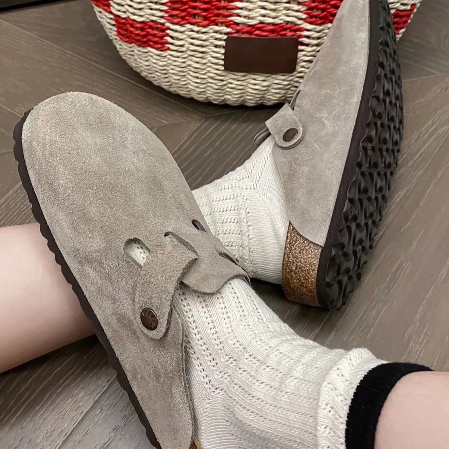 Women's camel suede closed-toe slides with gold buckle detail and lightweight flexible slip-on sole