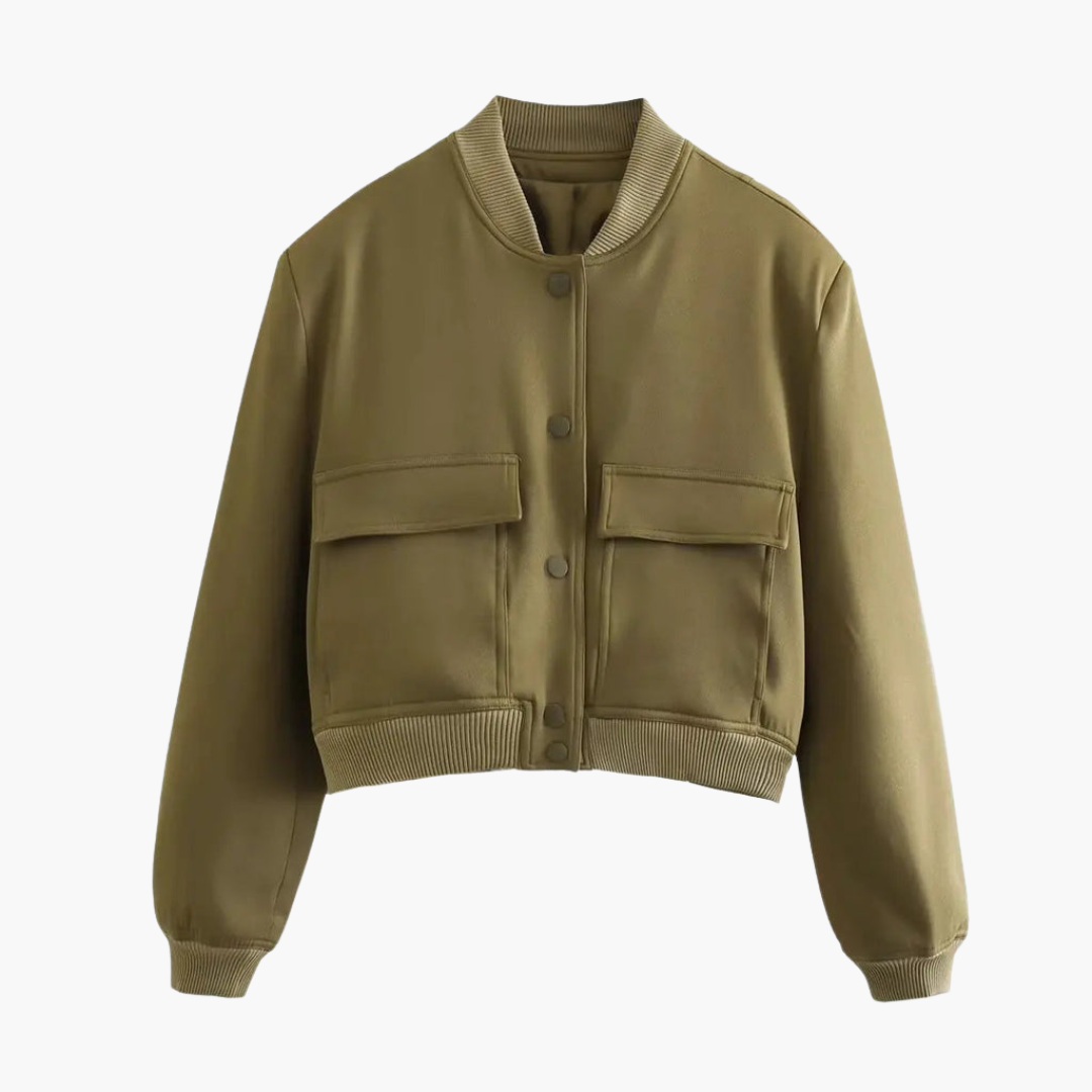 Women's olive utility bomber jacket relaxed fit with large flap pockets for everyday layering