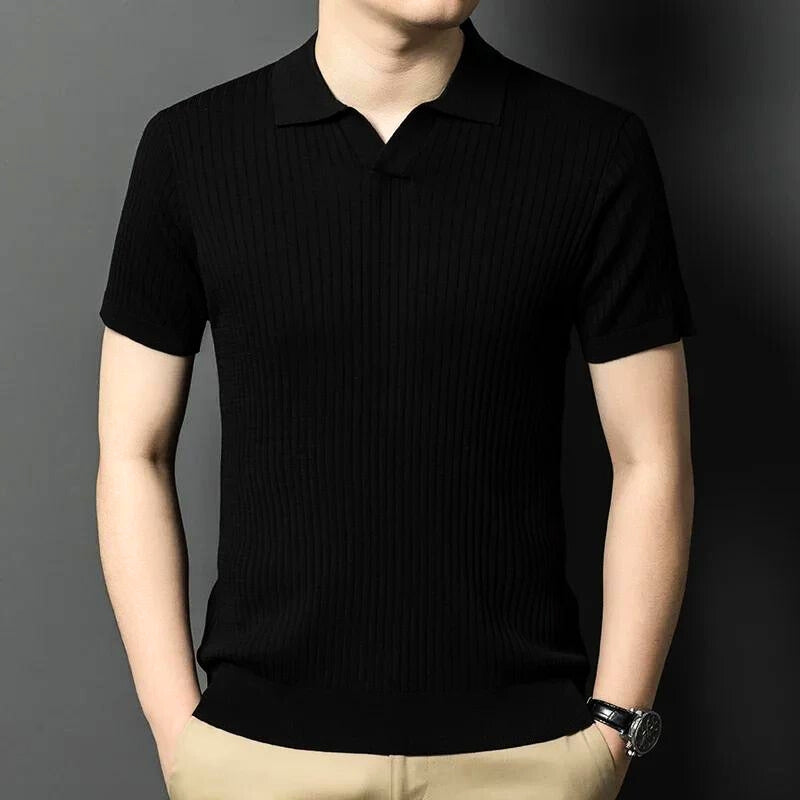 Men's classic fit ribbed knit polo shirt in neutral tone, breathable soft fabric timeless design