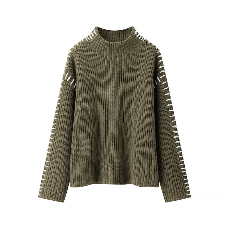 Carmine red knit pullover sweater high neck relaxed fit with contrast sleeve detail