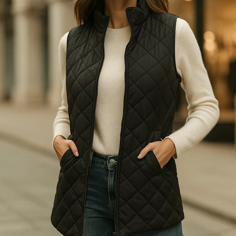 Women's lightweight quilted vest elegant slim fit warm breathable outerwear stylish urban polyester layer