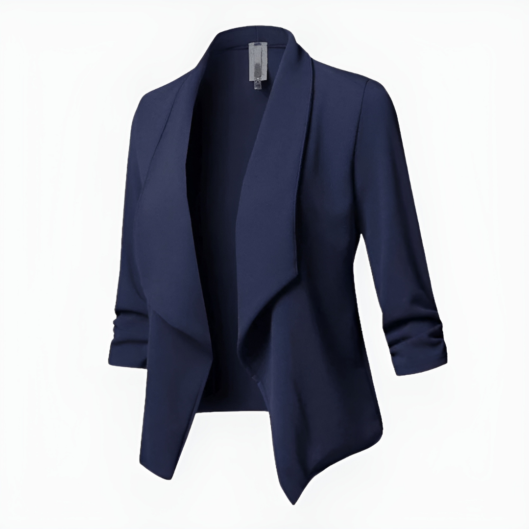 Women's open front office blazer casual fit relaxed silhouette draped smooth no-closure polished look