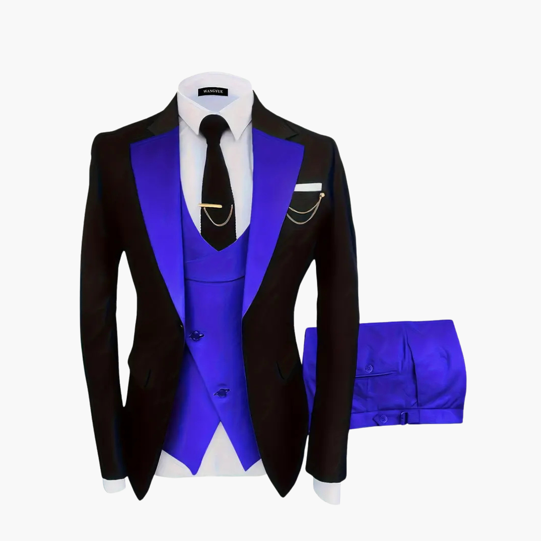 Men's slim fit 3-piece wedding suit in classic neutral tone with coordinated vest for festive occasions