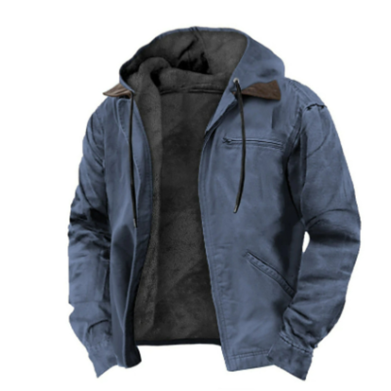 Men's hooded casual zip-up jacket with drawstring hood and front pockets, relaxed everyday layer