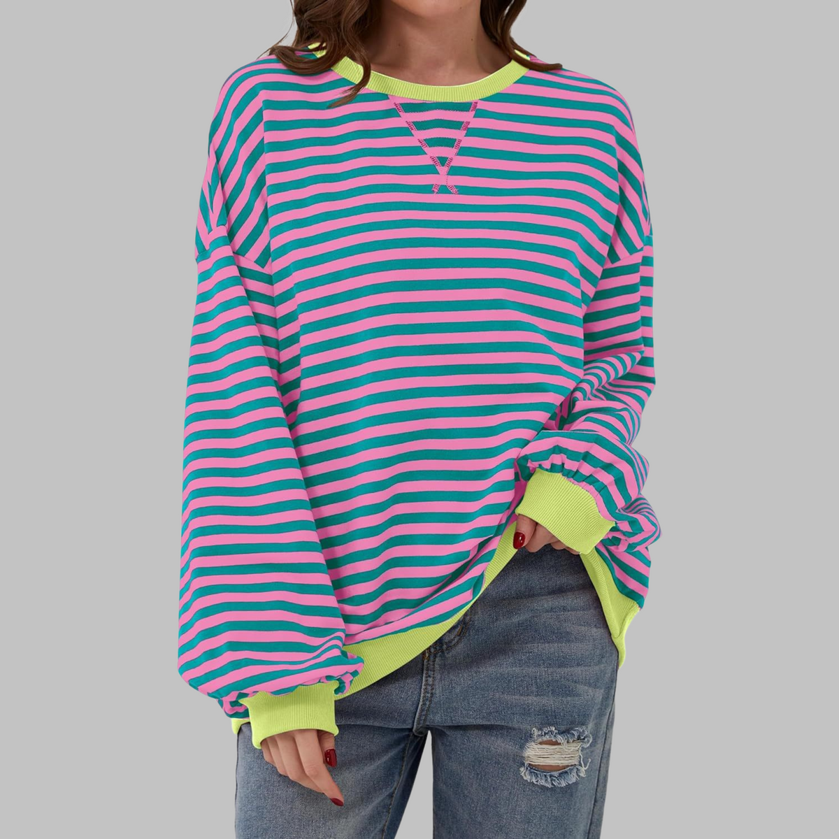 Poppy | Women's Striped Crewneck Long Sleeve Oversized Sweatshirt