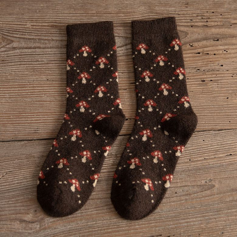 Women's crew socks mushroom floral pattern whimsical winter design cozy regular fit multicolor