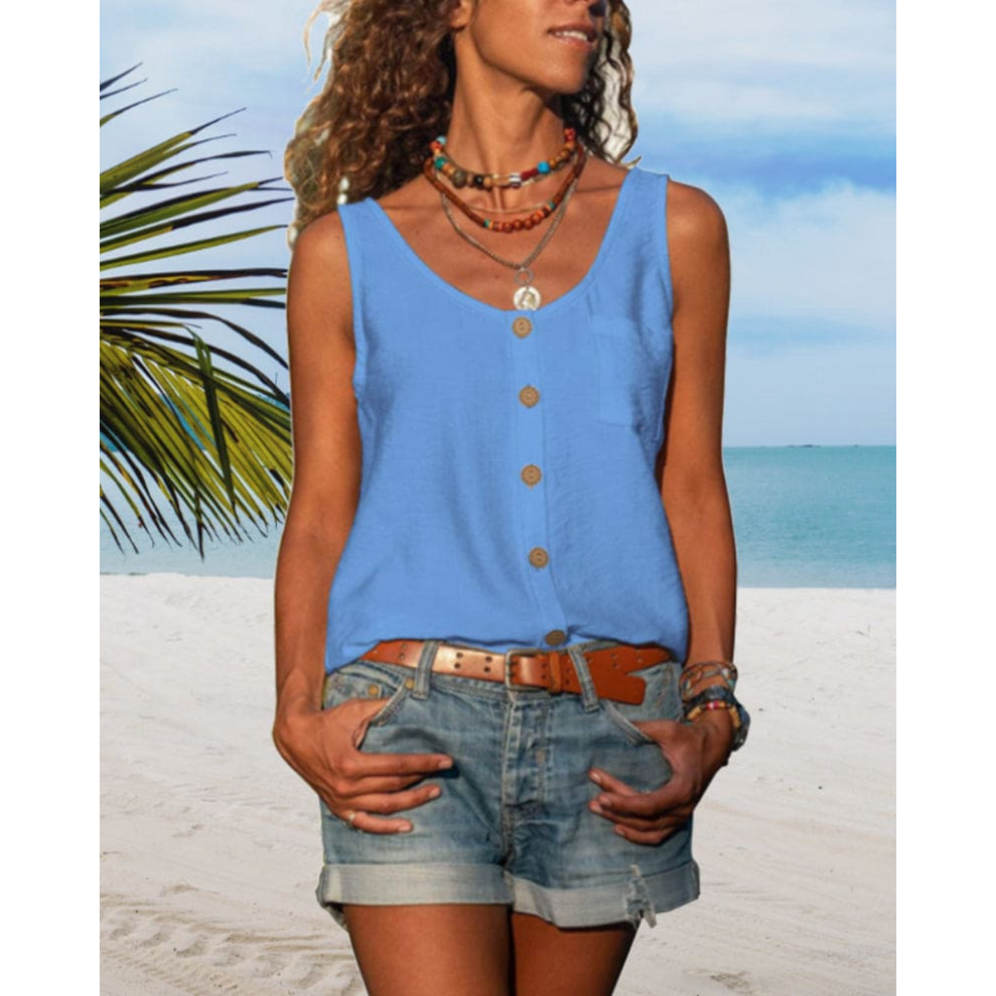 Women's sleeveless V-neck fluid top with pockets, relaxed summer silhouette in versatile everyday style