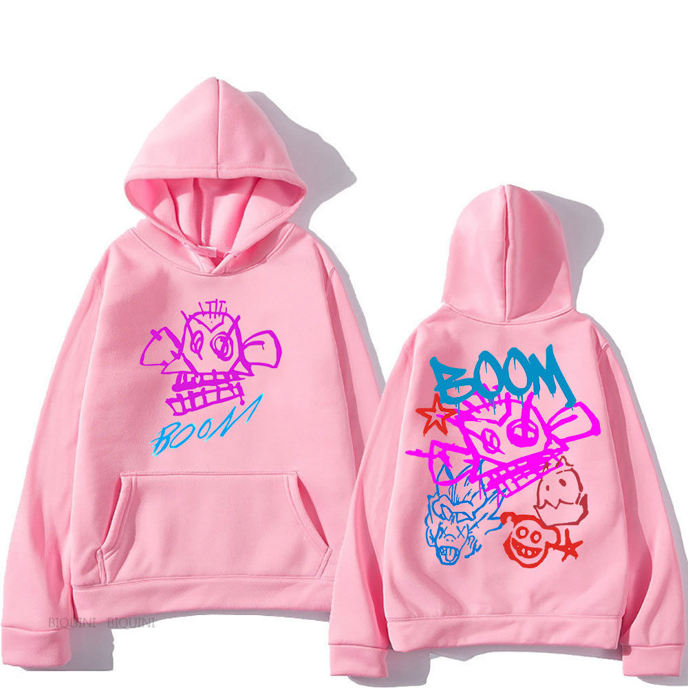 Blue long sleeve hoodie with vibrant Arcane Jinx cartoon graphic print, soft polyester, fan-favorite style