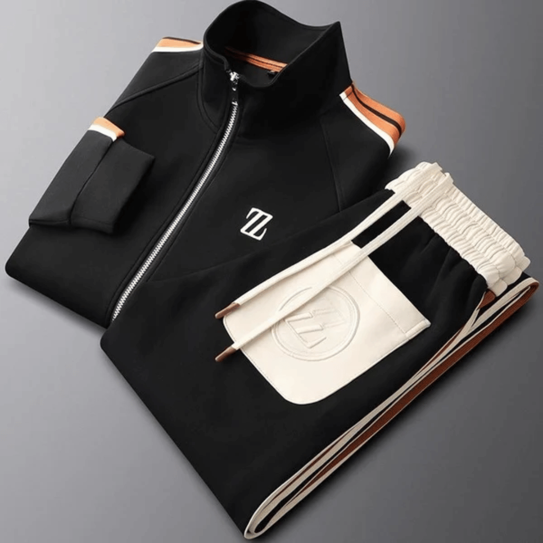 Men's black zip-up tracksuit set with high collar jacket and tapered pants, athletic streetwear style