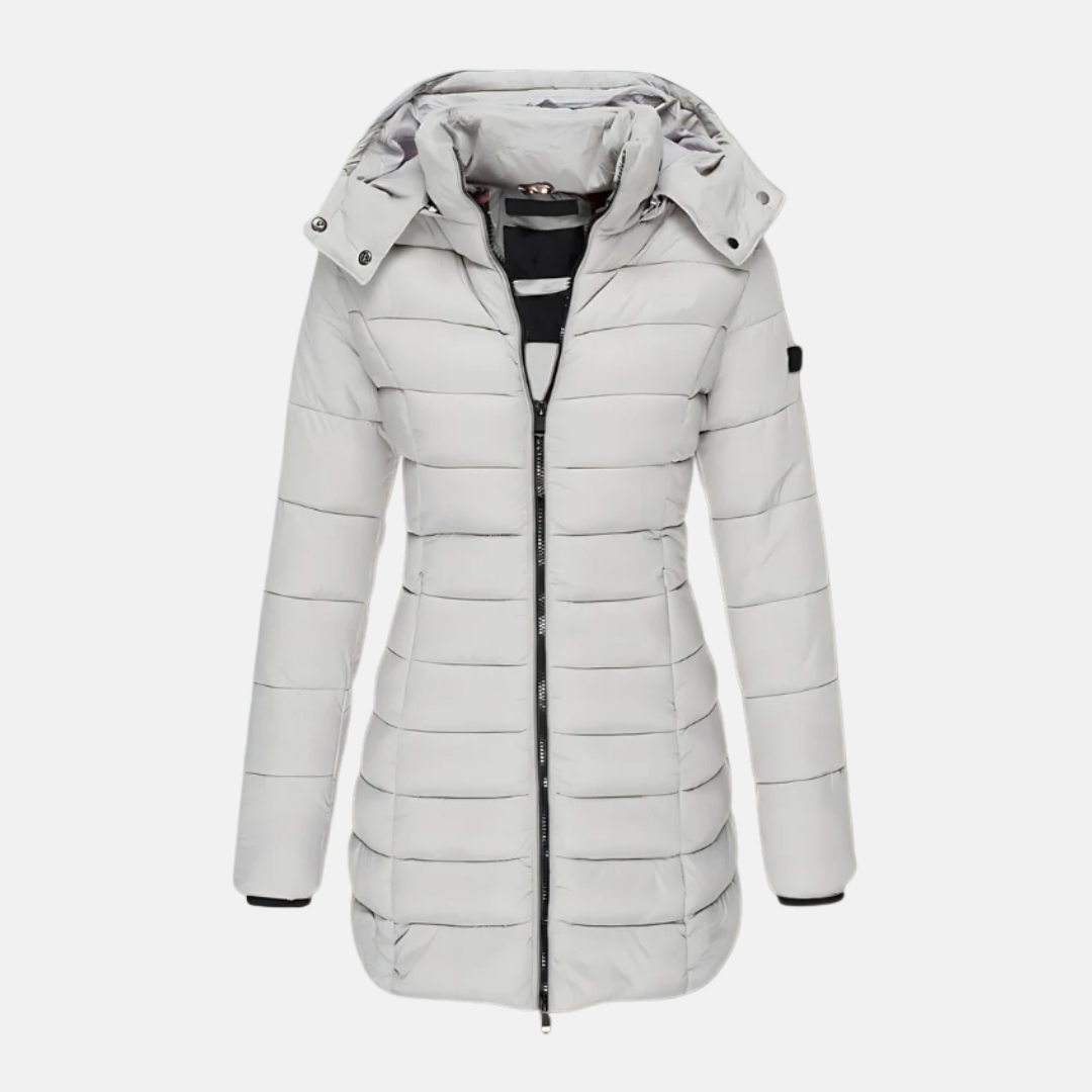 Women's slim-fit mid-length black puffer coat with integrated hood and ribbed cuffs