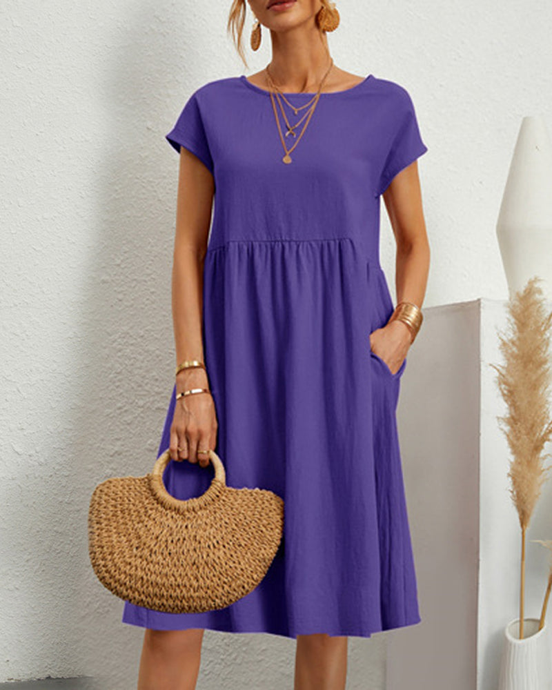 Women's round neck midi dress with pockets, casual polished silhouette for everyday comfort