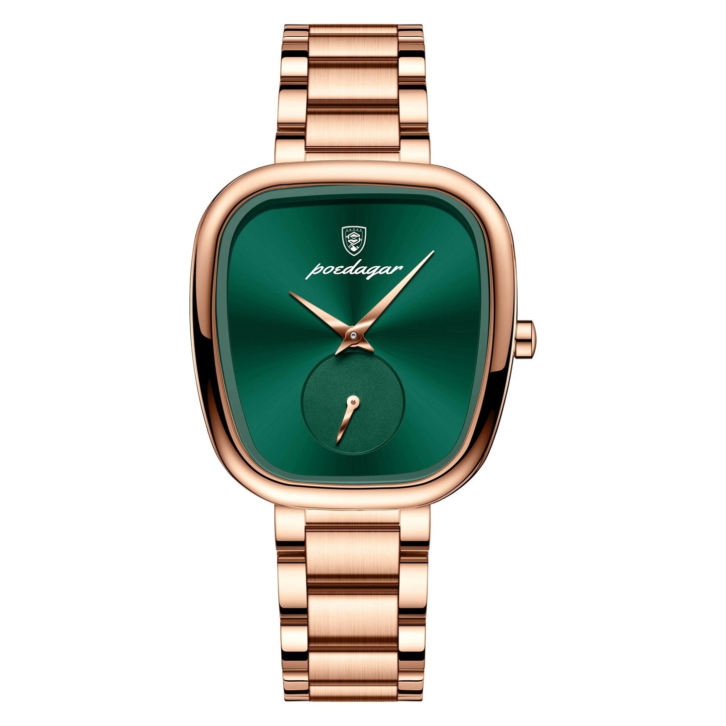 Poedagar women's rose quartz square dial stainless steel watch with elegant sub-dial detail
