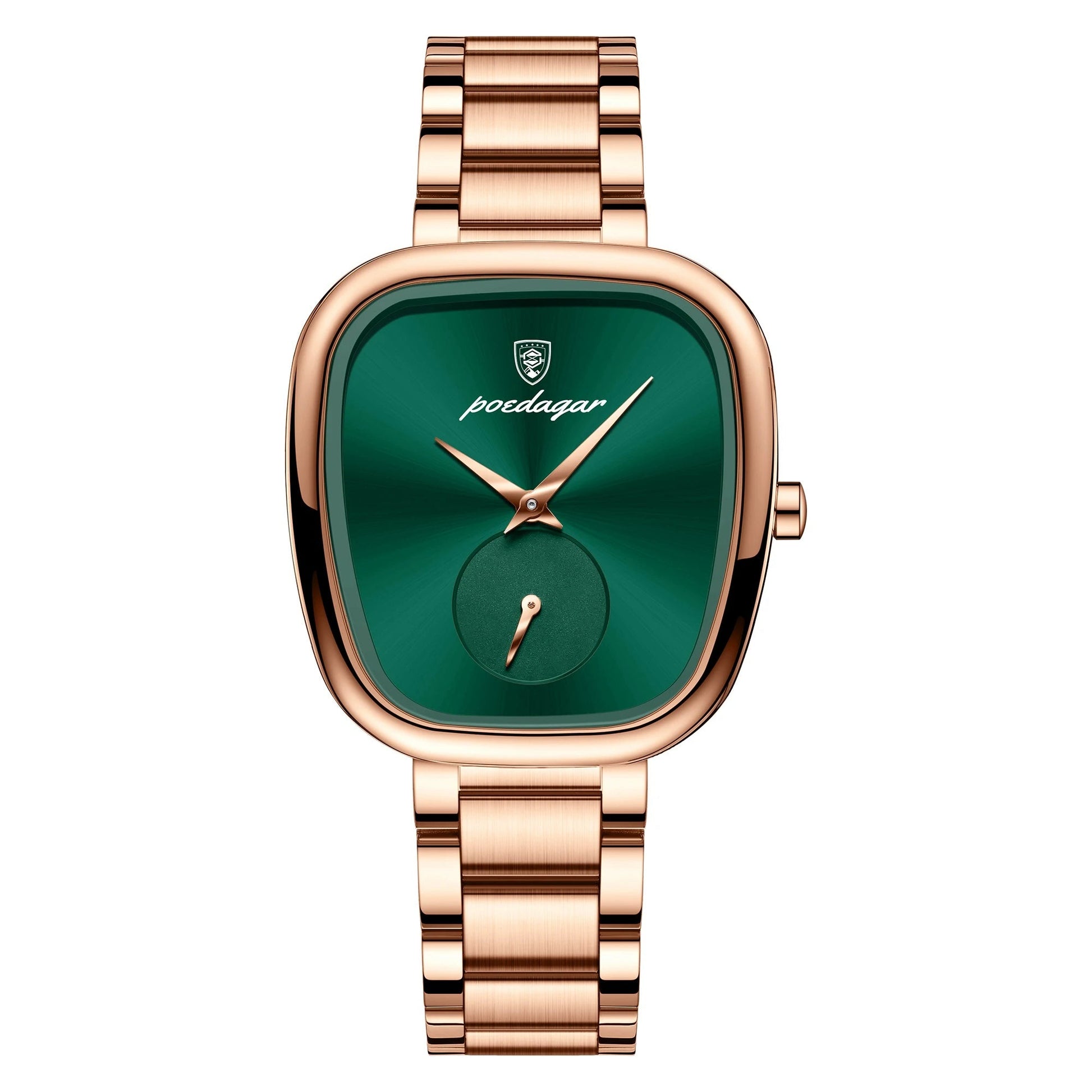 Poedagar women's rose quartz square dial stainless steel watch with elegant sub-dial detail