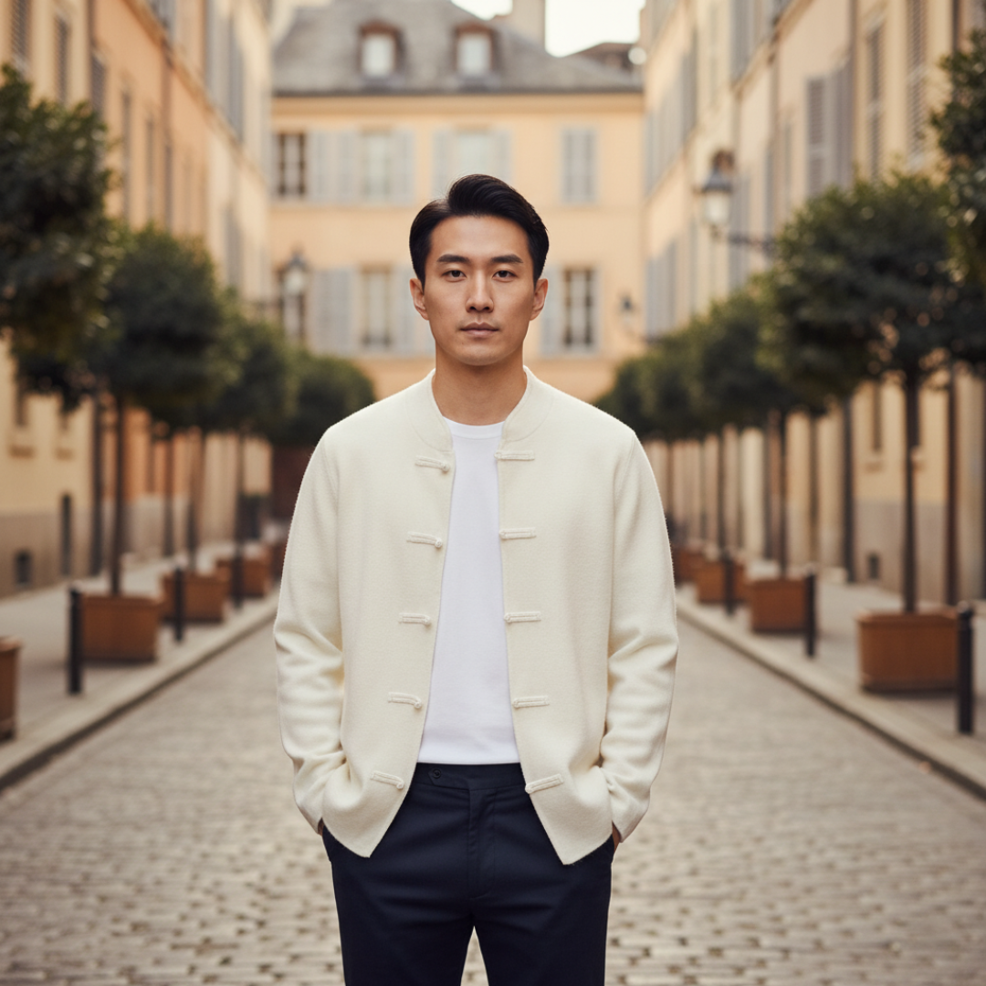 Men's beige Chinese Tang style cardigan with Mandarin collar and traditional frog button closure
