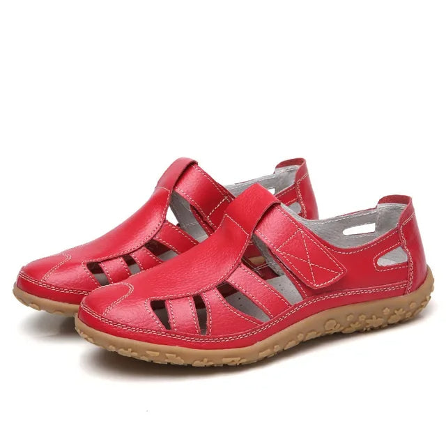 Women's casual leather summer sandals with velcro strap, breathable EVA cushioning, sneaker-inspired sole