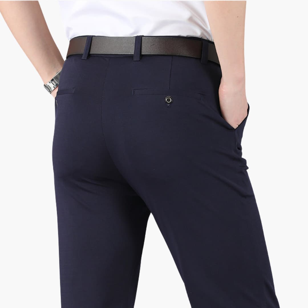 Men's stretch trousers modern fit elastic waistband versatile neutral-tone comfortable dress pants