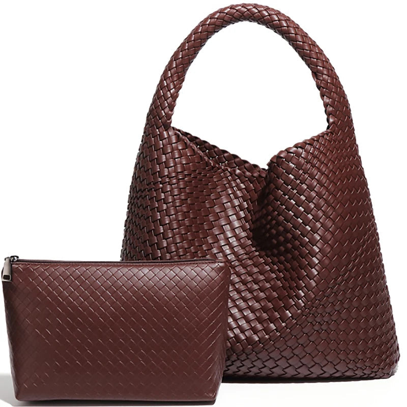 Renza vegan leather woven tote bag, basketweave texture with magnetic closure, everyday shoulder bag
