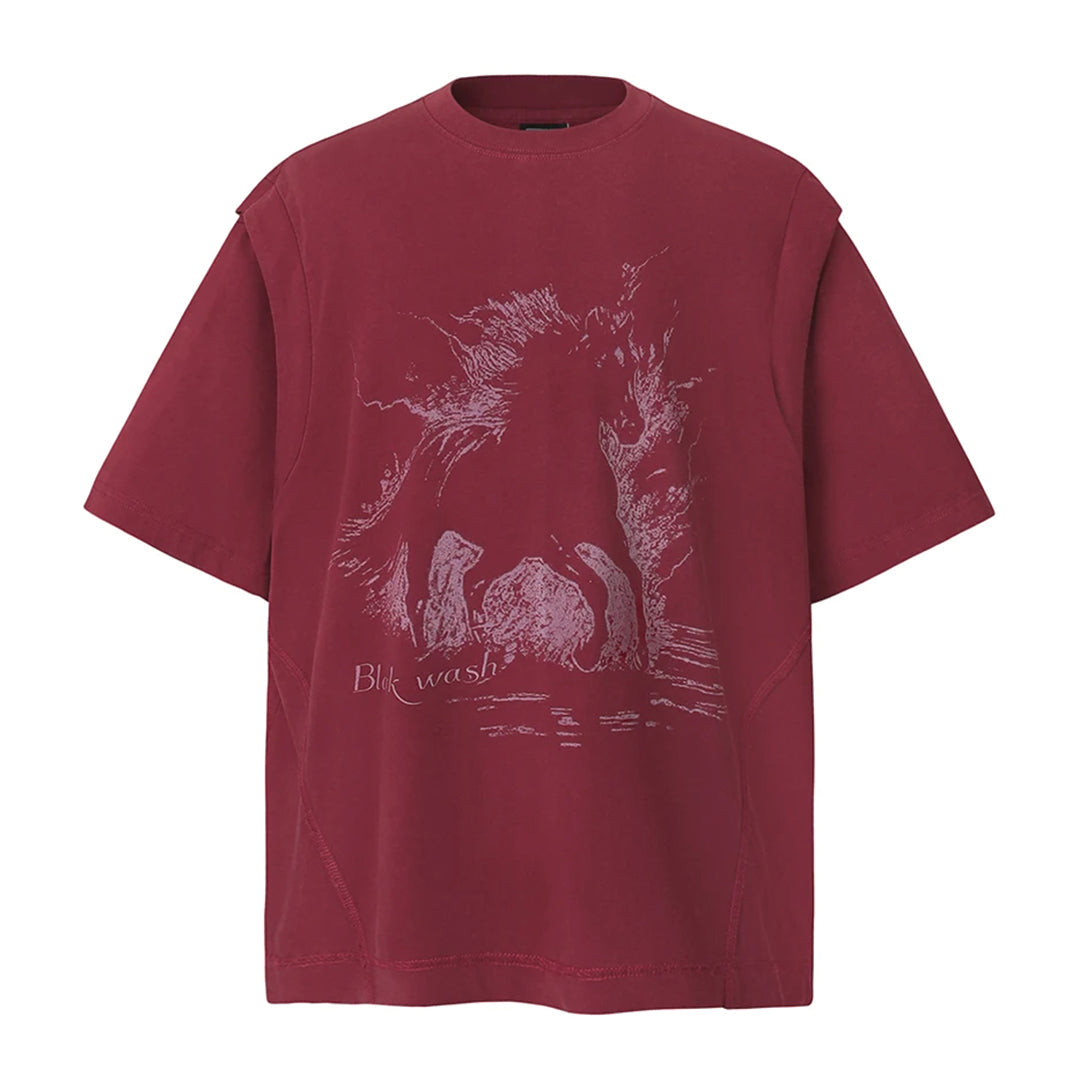 Men's oversized vintage washed graphic tee with hand-drawn stallion flame print in faded tones