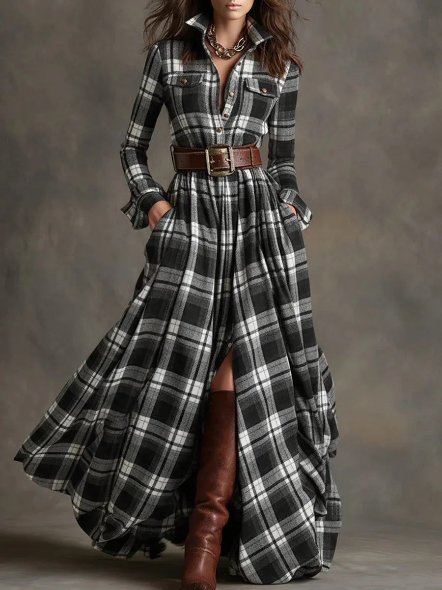 Plaid maxi dress with structured collar, self-tie belt, flap pockets, and full-length flowy silhouette