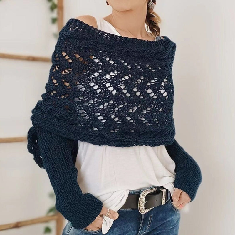 Ivory openwork knitted scarf with sleeves, lightweight hypoallergenic wrap for cozy warmth