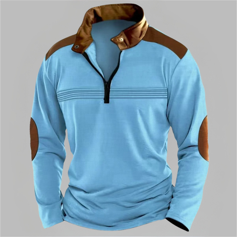 Men's two-tone half-zip pullover in athletic cut with soft texture and contrast color blocking