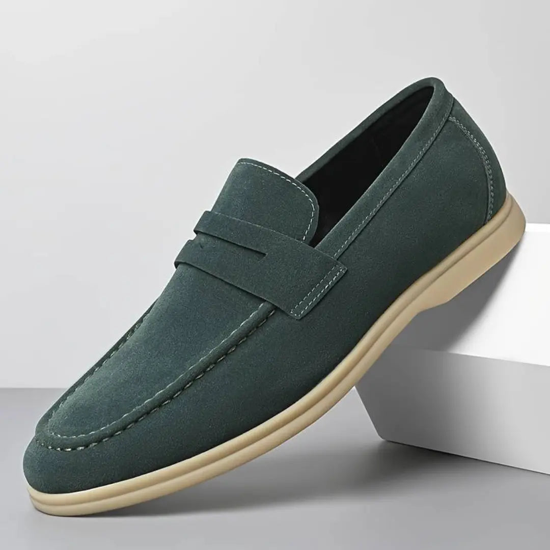 Men's forest green suede slip-on loafers streamlined silhouette with cushioned insole comfort