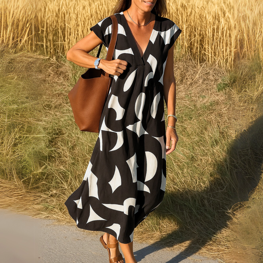 Women's abstract print midi dress, V-neck sleeveless style with shaping pleats, breathable warm-weather fabric