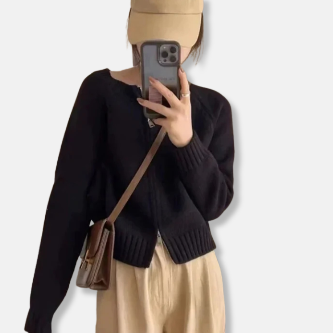 Women's wool knit open-front cardigan relaxed fit long sleeve cropped silhouette everyday layering