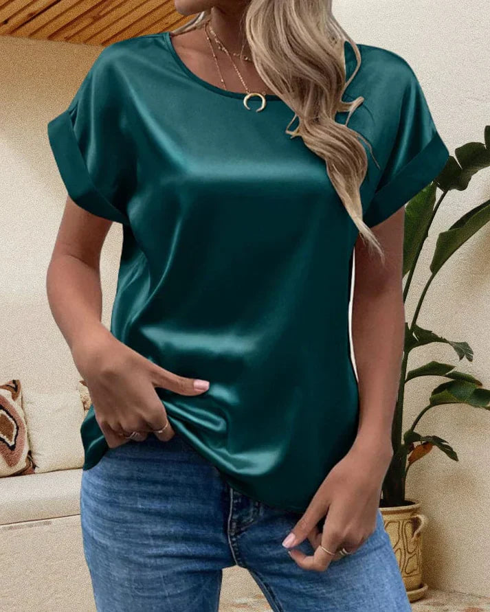 Women's satin blouse loose fit short sleeves round neck draped silhouette elegant everyday