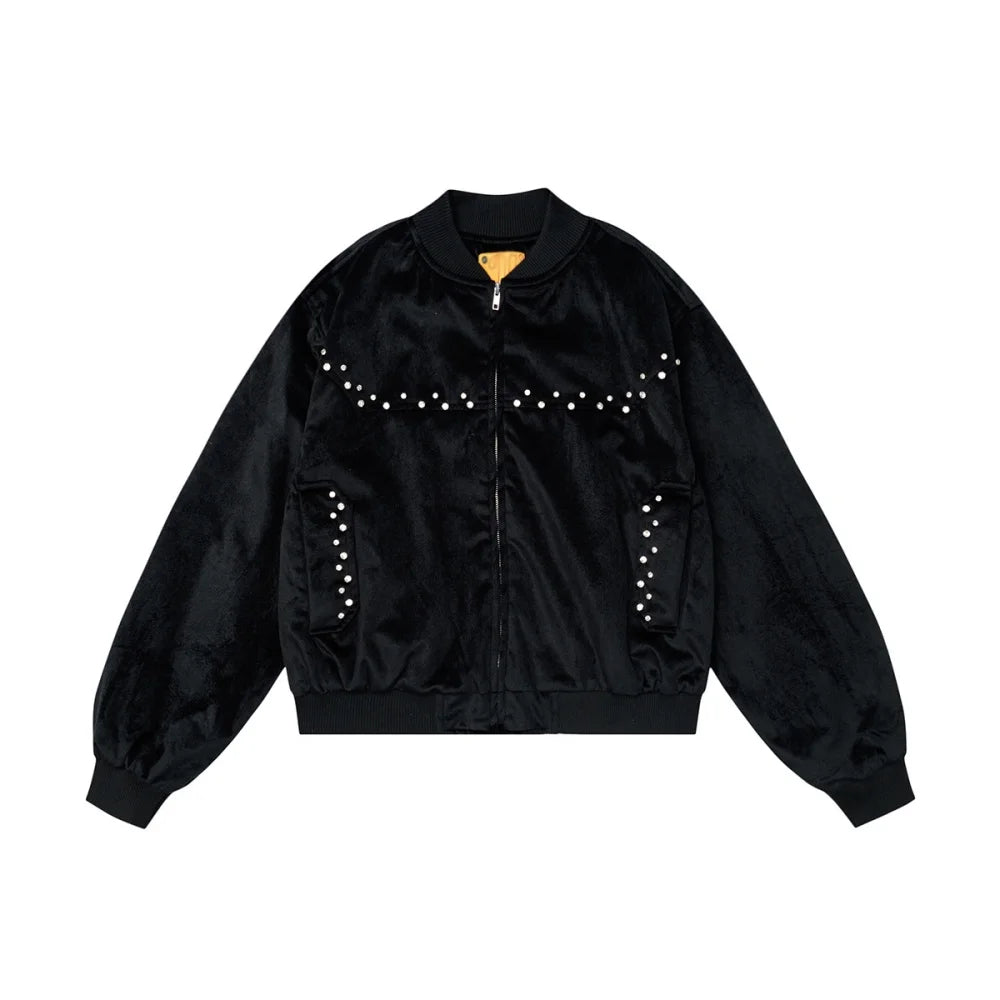 Black velvet jacket with rhinestone chest detailing and studded pockets for edgy streetwear style
