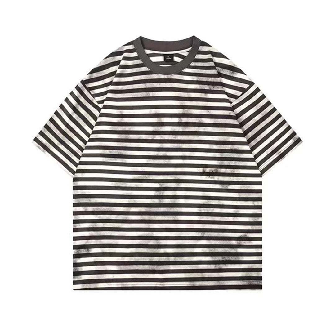 Sun-faded striped cotton tee with bleach grunge finish and cloud-wash texture for streetwear