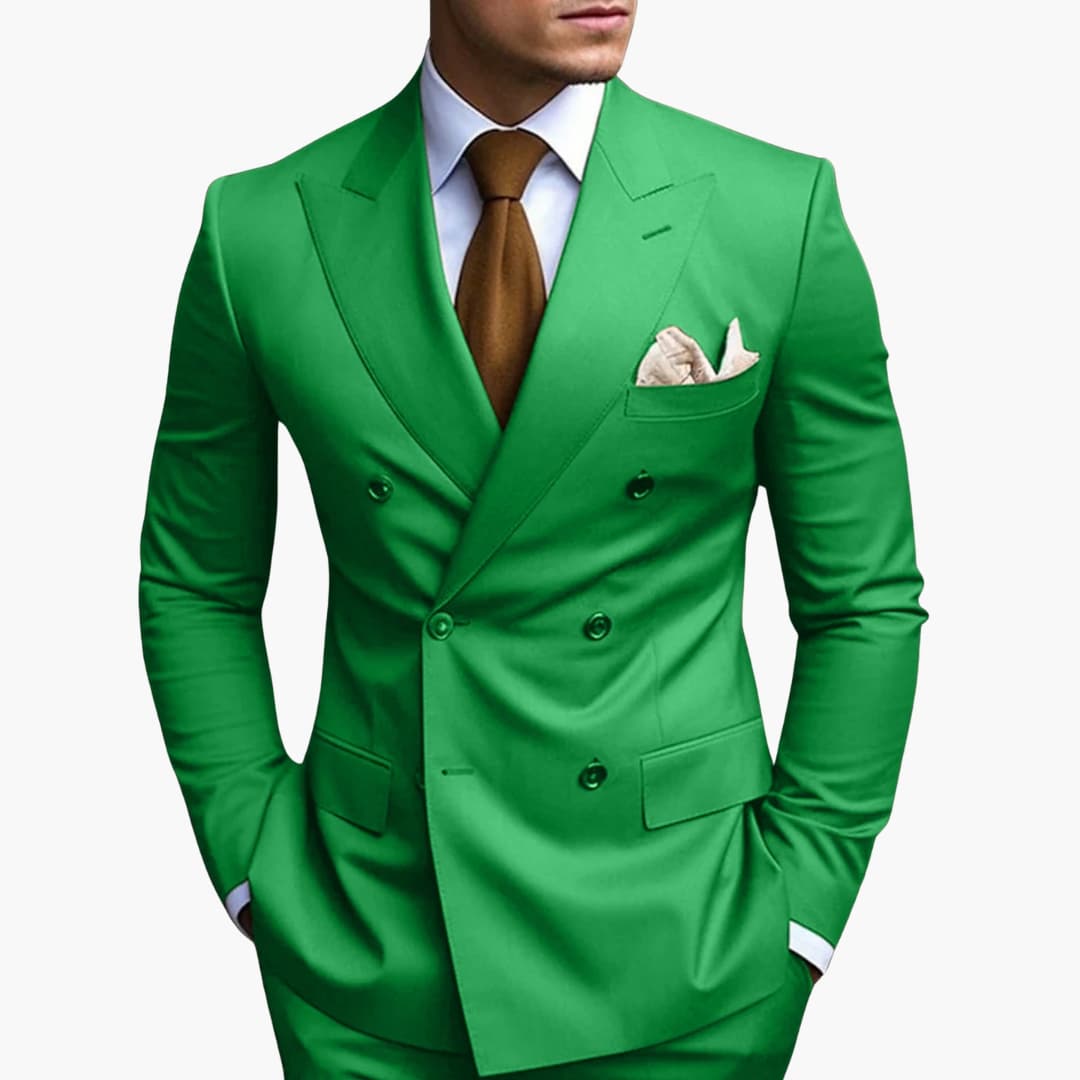 Men's navy blue double-button suit set with notched lapels and straight-leg pants for modern tailoring