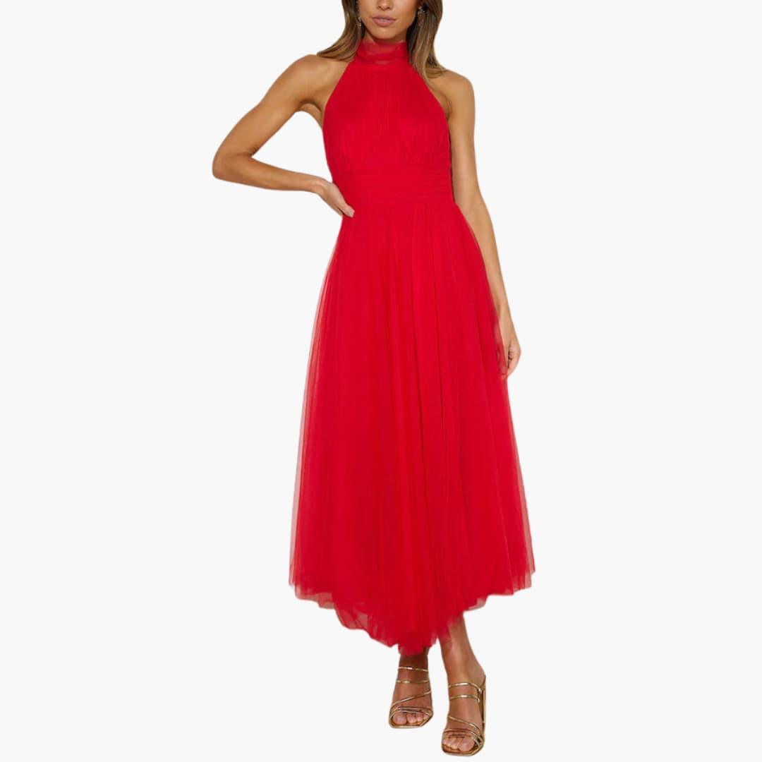 Women's black tulle halter neck maxi gown with elegant layered skirt for formal occasions