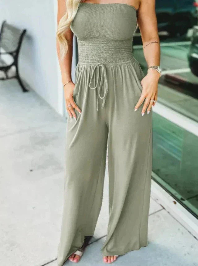 Women's light breathable wide-leg jumpsuit with smocked bodice and adjustable waist for everyday wear