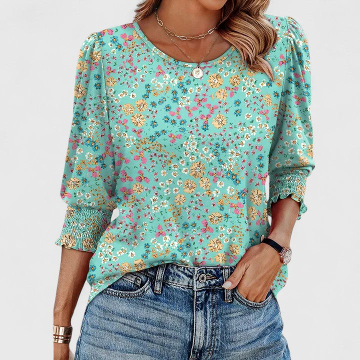 Harper | Women's Smocked Cuff 3/4 Sleeve Crew Neck Top