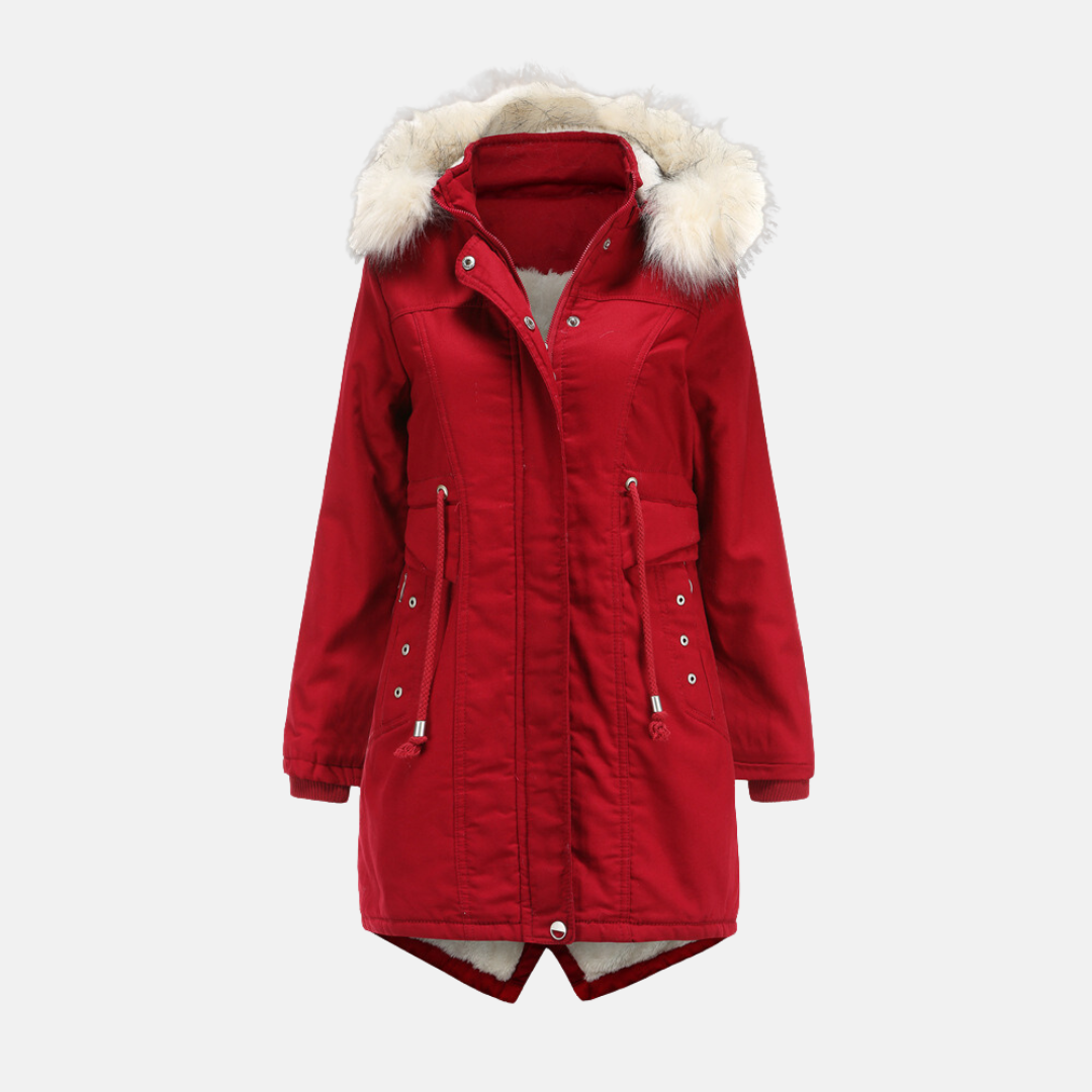 Women's mid-length parka jacket tailored fit weather-resistant with removable faux fur hood