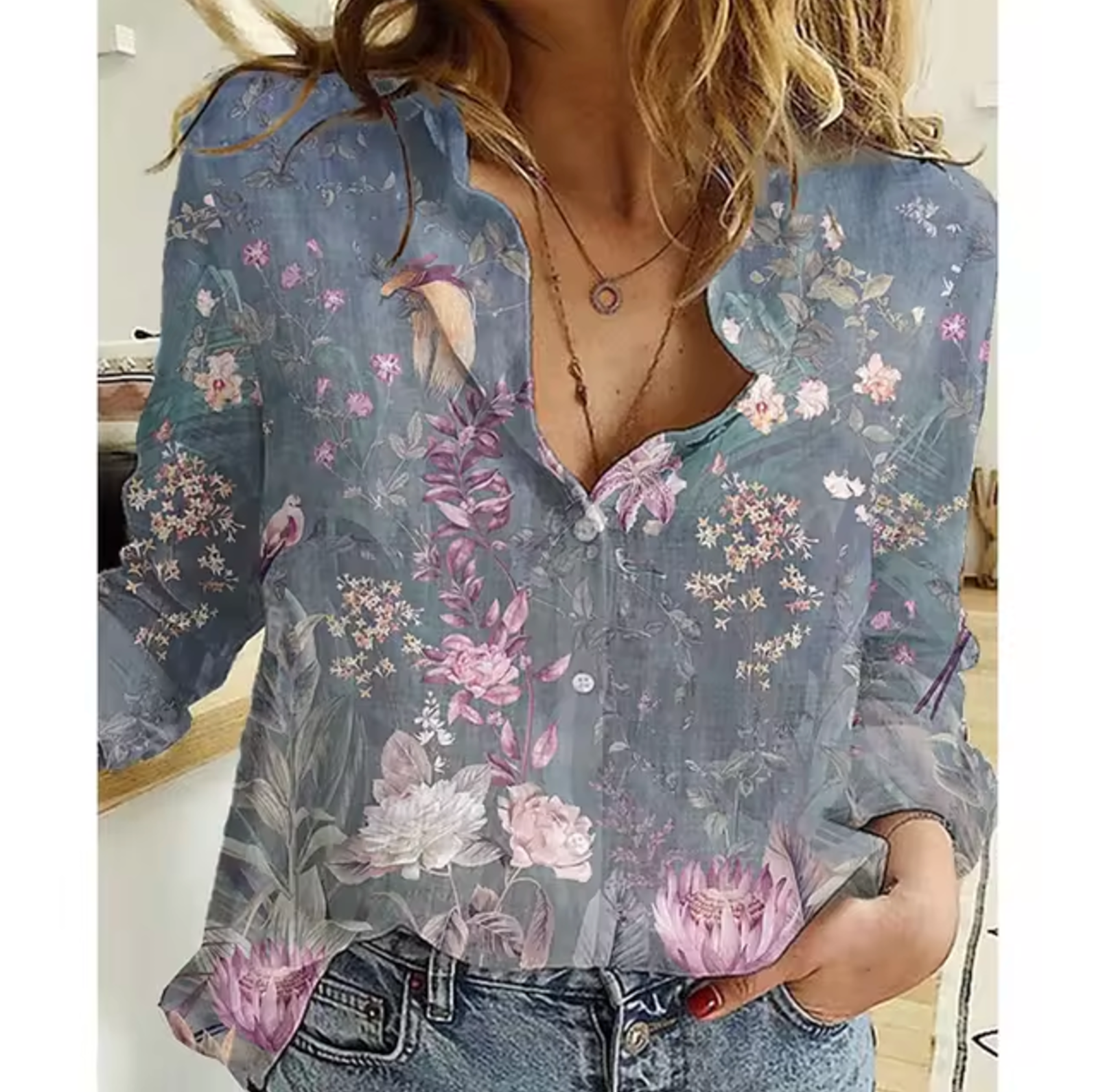 Women's lightweight floral print blouse long sleeve breathable fabric feminine intricate pattern