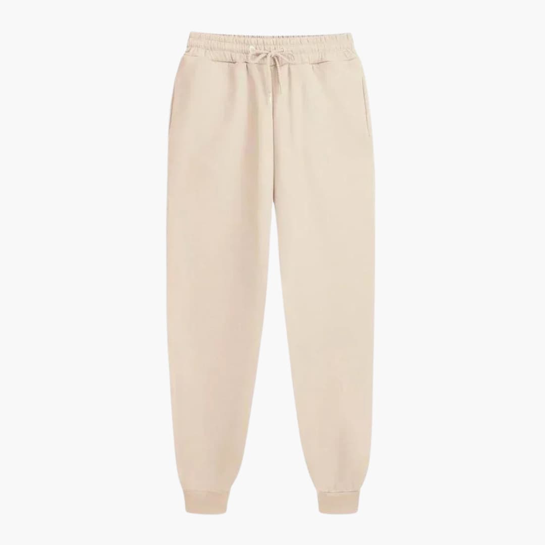Unisex gray tapered jogger pants with elastic drawstring waistband and ribbed cuffed hem