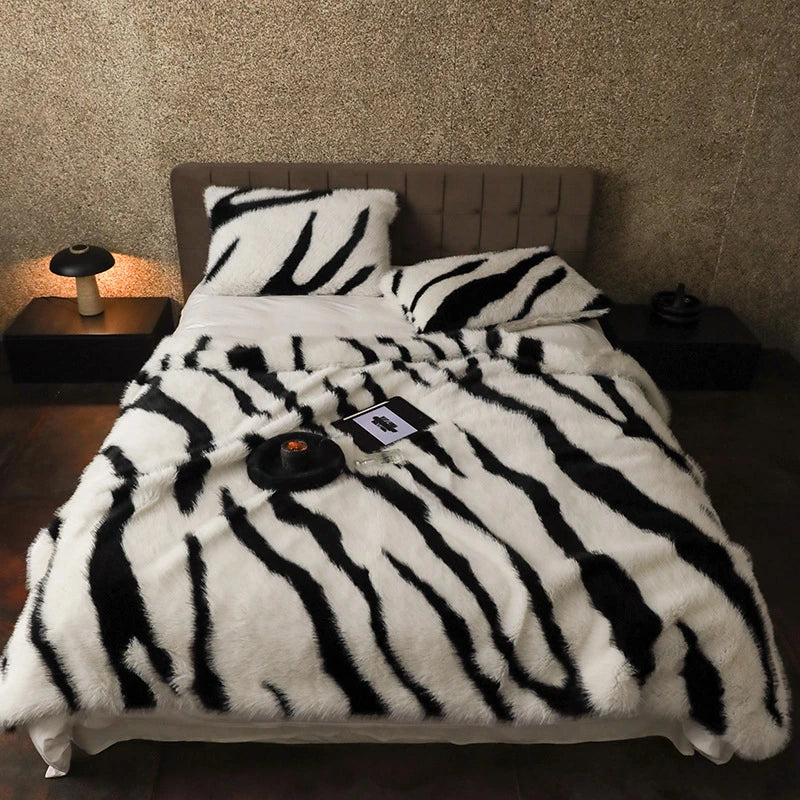 Plush faux fur zebra throw blanket light brown black striped pattern luxurious soft texture