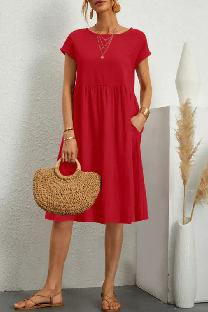 Melanie women's casual plain-colored short sleeve round neck dress, comfortable everyday versatile fit