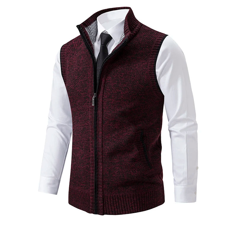 Men's wool full-zip vest with plaid lining, lightweight smart-casual layering piece in classic cut