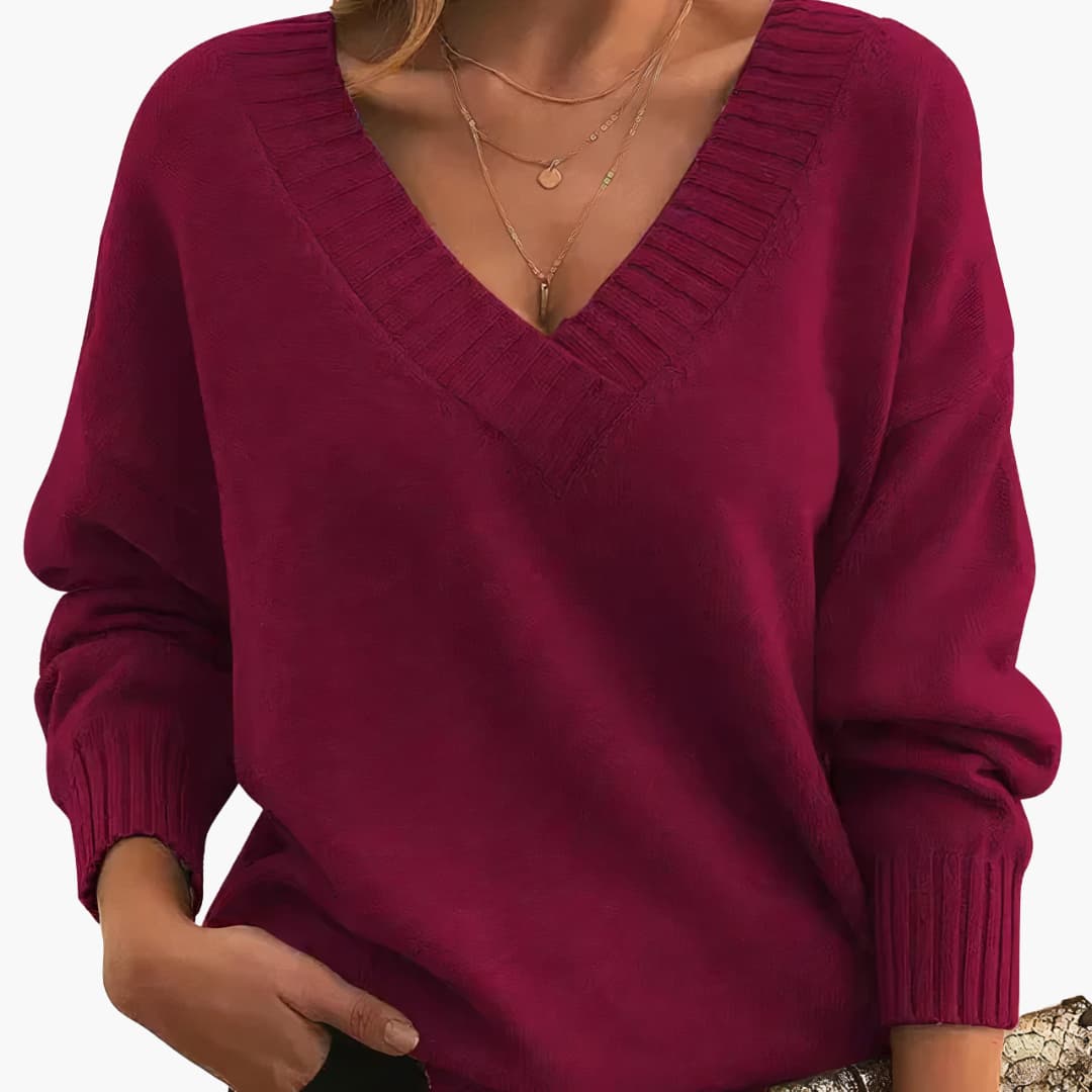 Women's tailored fit V-neck knit pullover cozy stylish sweater top for cool days