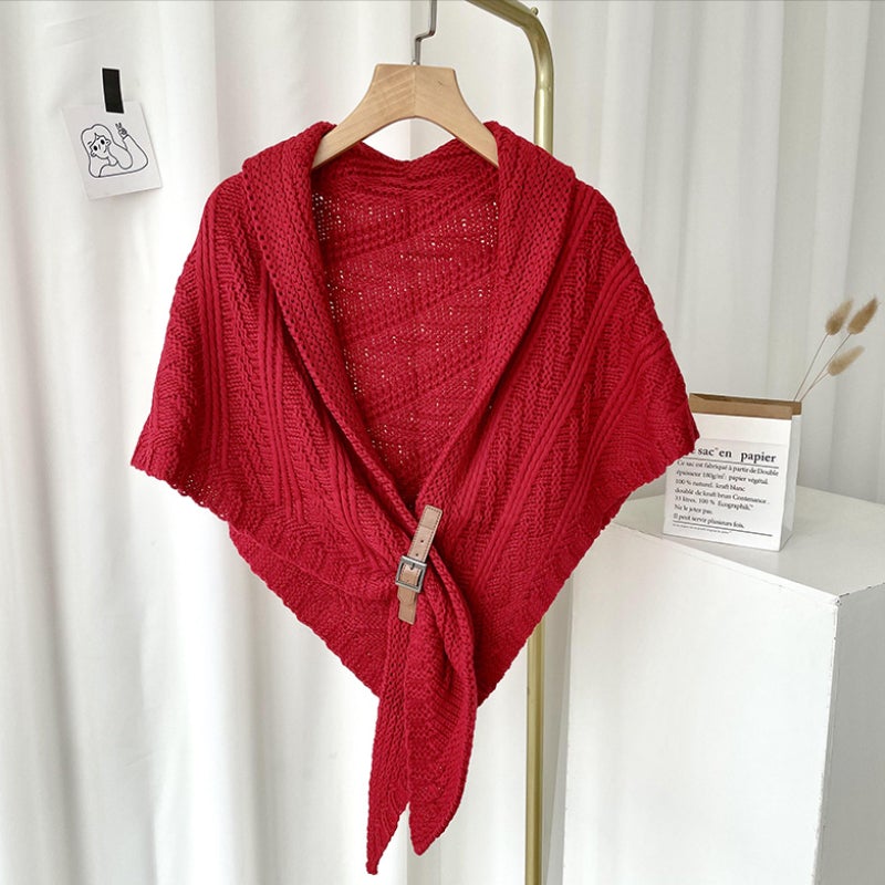 Women's triangle knitted cashmere-blend plaid shawl wrap with leather loop closure, soft luxurious feel